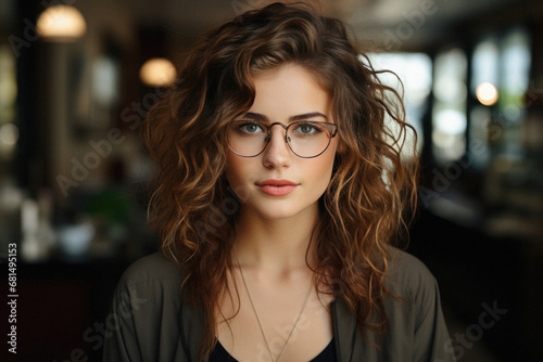 Portrait of beautiful young woman with curly hair wearing eyeglasses.