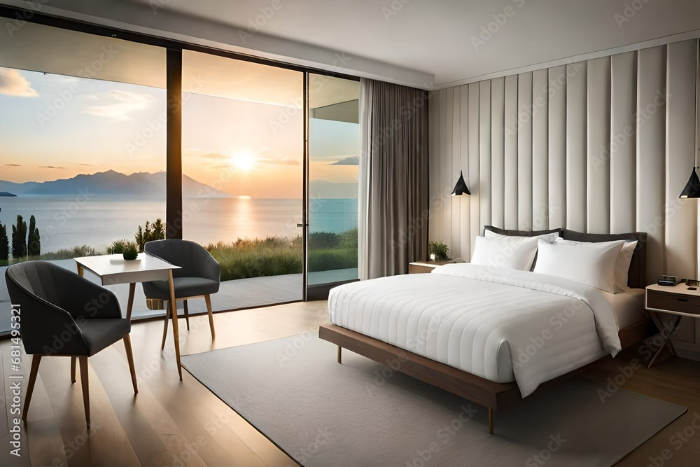 Luxurious room with comfortable bed and large window. Hotel room concept, luxury architecture. Created with generative Ai technology.