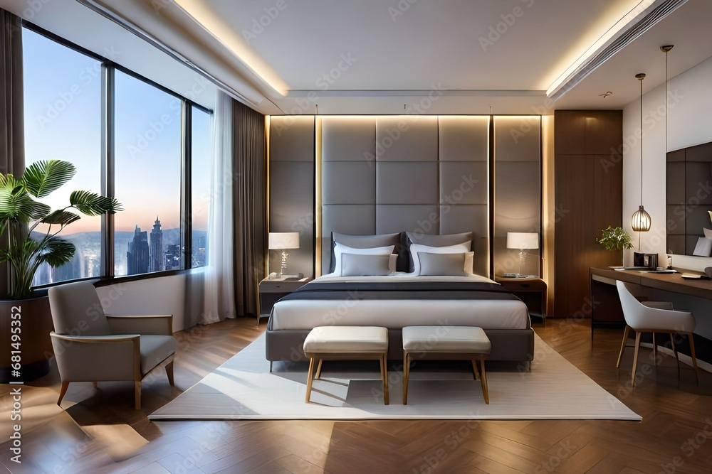 Fototapeta premium Luxurious room with comfortable bed and large window. Hotel room concept, luxury architecture. Created with generative Ai technology.