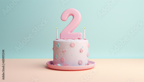 Birthday cake pastel colored 3D with number two and candles. Delicious 2 Anniversary candle. Confetti pink and blue background Copy space Happy Birthday concept