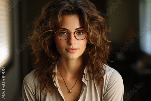 Portrait of beautiful young woman with curly hair in glasses, indoors.