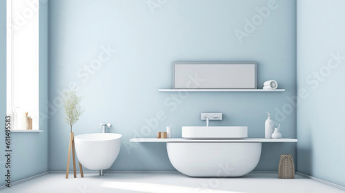 Horizontal banner with copyspace. Minimalist realistic illustration of modern luxury bathroom with rectangular window with rounded corners, white sink. Blue and white color palette. Generative AI