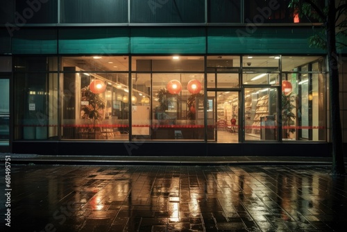 An empty shop window. There are also neon lights. An abandoned store.