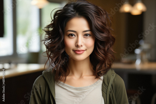 Portrait of beautiful young asian woman smiling at camera in cafe.