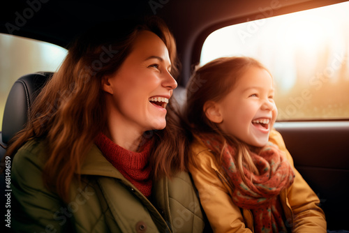 Mother and daughter laughing sitting inside a car