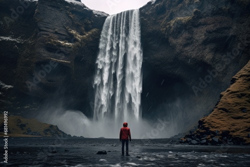 Man is sstanding in front of the waterfall. Beautiful wildlife. photo