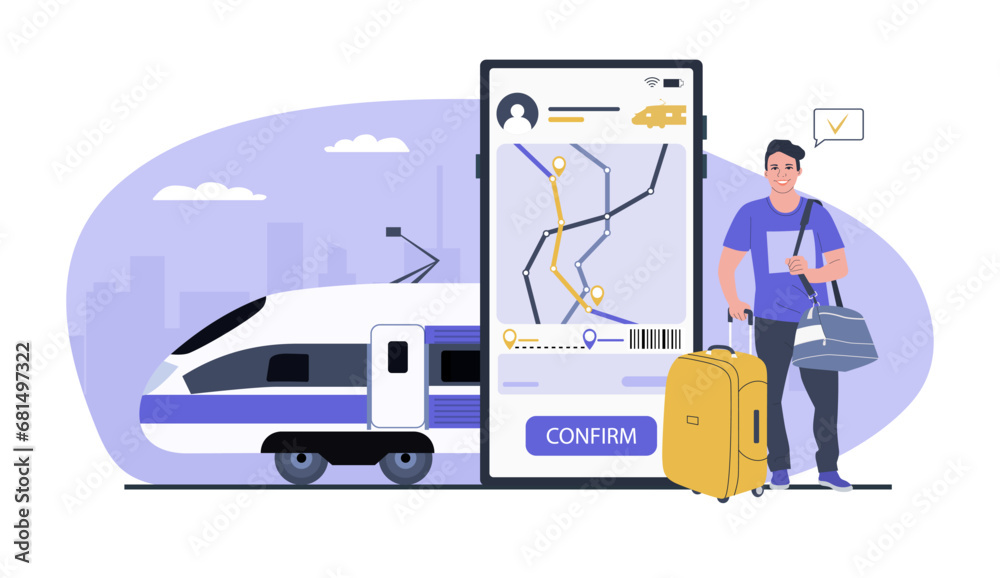 Young man buying train ticket online on smartphone. Vector illustration. Young man buying train ticket online on smartphone. Vector illustration.