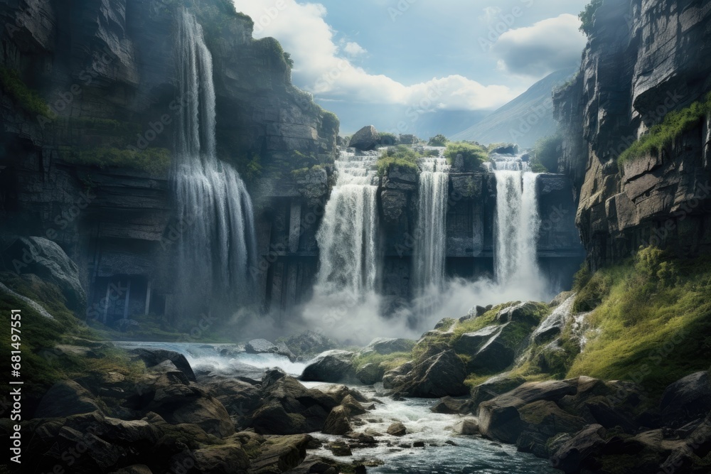 Waterfall in the mountains. Beautiful wildlife. Sky, rocks, waterfall.
