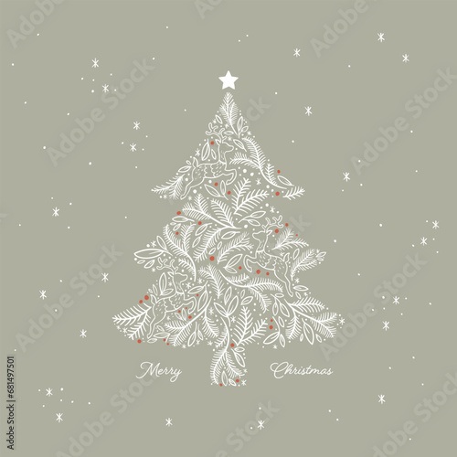 Cute hand drawn Christmas Tree with branches and reindeer, ornate Christmas design, great for cards, banners, wallpapers - vector design