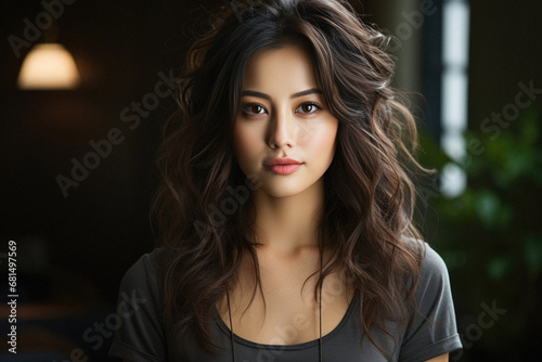 Portrait of a beautiful asian young brunette woman with long curly hair.