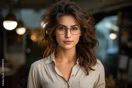 Portrait of a beautiful young businesswoman in glasses looking at camera.