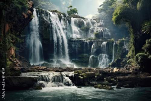 Waterfall in the mountains. Beautiful wildlife. Sky, rocks, waterfall.