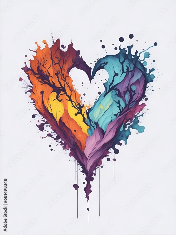 Color splash heart shape. AI generated illustration