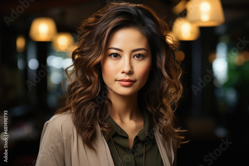 Portrait of beautiful young asian woman with curly hair in cafe.