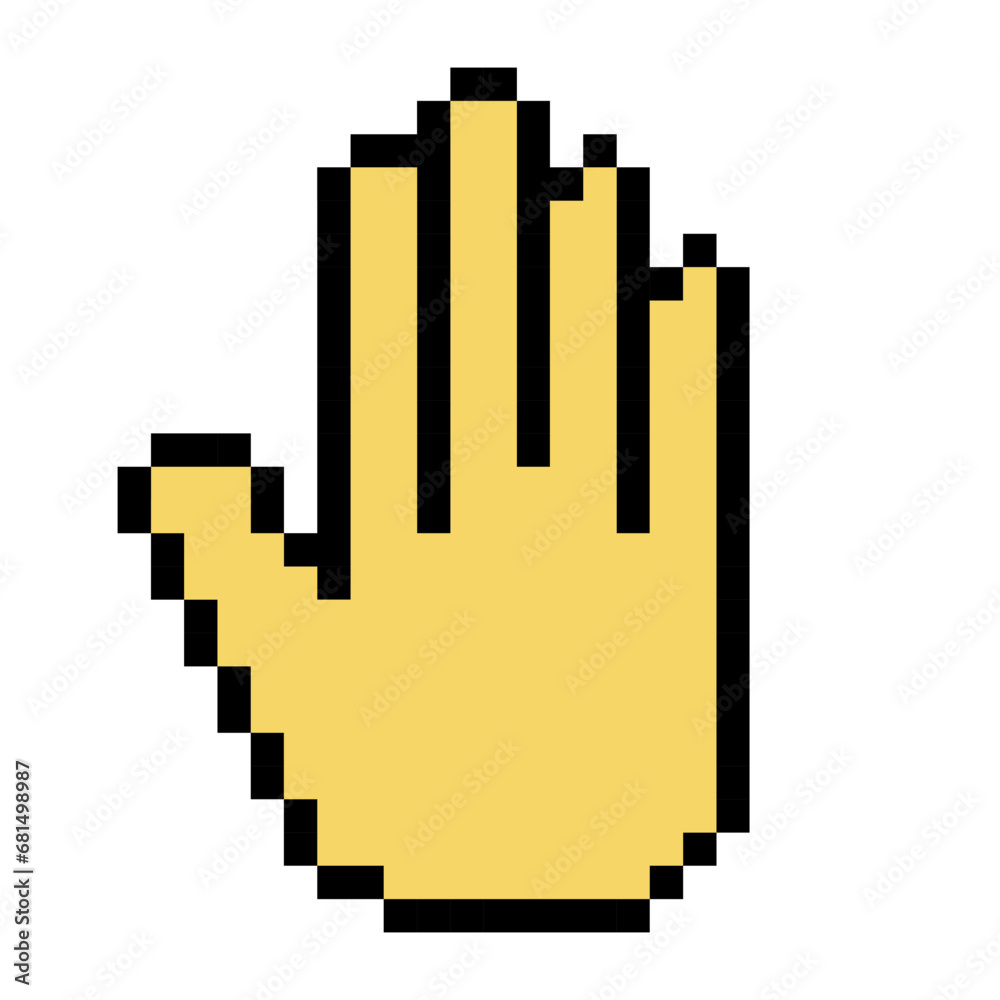 Yellow hand line icon. Stop gesture, sign language, finger, emoji, chatting, correspondence, pixel style. Multicolored icon on white background.