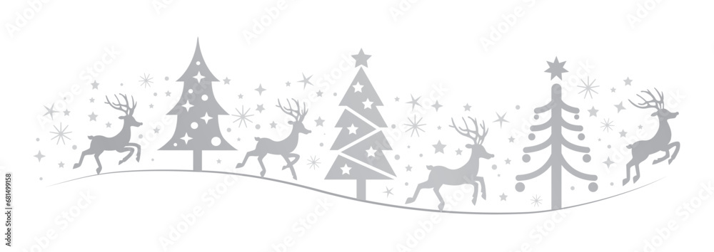 Christmas trees, Reindeers and stars silver colored, in festive design. - vector illustration banner on white background