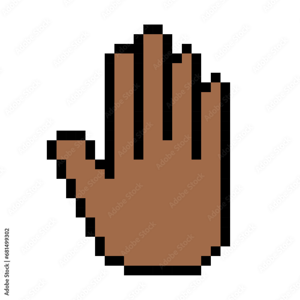 Dark hand line icon. Stop gesture, sign language, finger, emoji, chatting, correspondence, pixel style. Multicolored icon on white background.