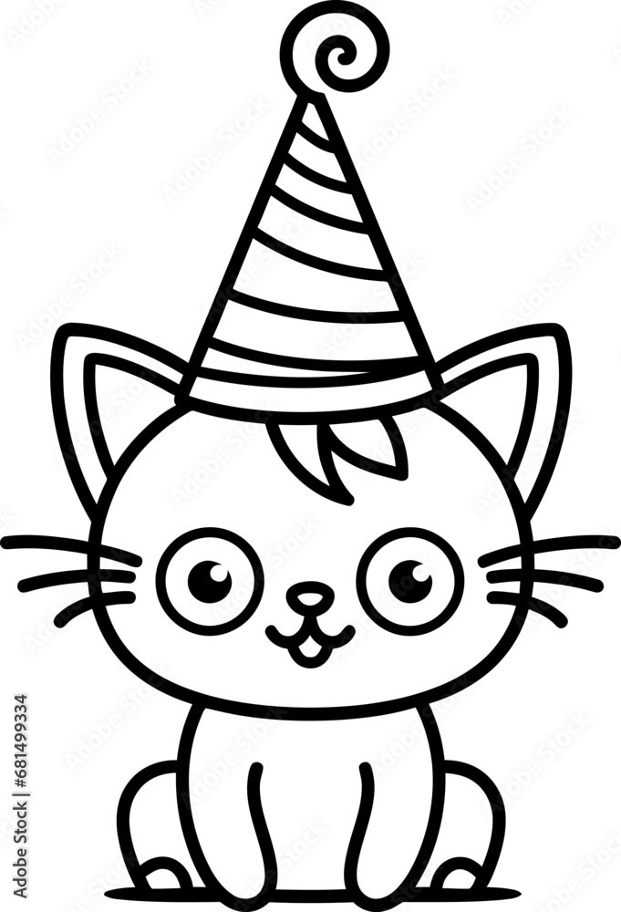 Cute cat with party hat silhouette icon in black color. Vector template.