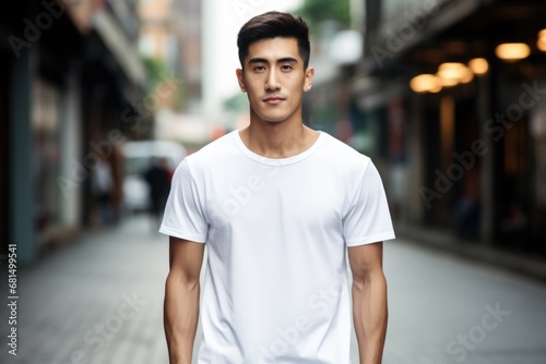 Asian man in a white T-shirt in the city