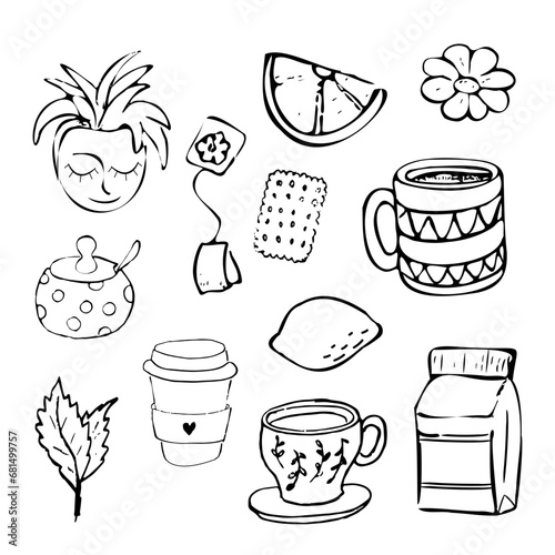 Set tea and coffee with cups, mint, chamomile, lemon and milk in doodle style isolated on white background.