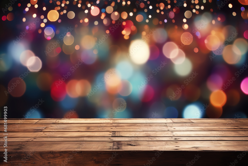 Holiday colorful bokeh background with empty wooden deck table