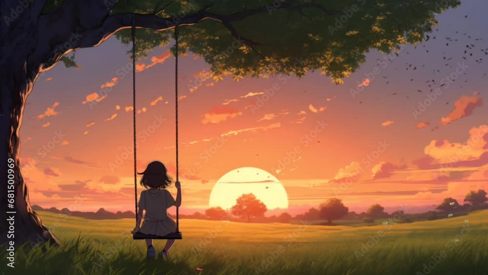 Cozy lofi anime girl, sitting on a tree swing with sunset view and soothing wind. seamless looping time-lapse animation video background. Generated with AI