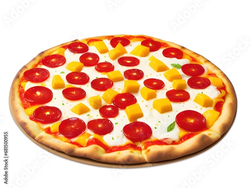 The archetype of a thin-crust pizza pie on white background