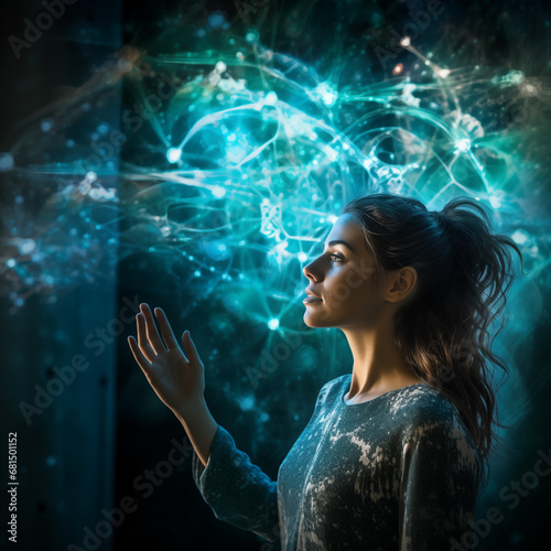 Woman seeing neural network technology. AI generated