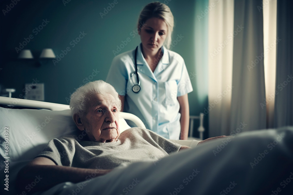 Young caregiver looks after elderly person, concept of generations, young and old Young caregiver looks after elderly person, concept of generations, young and old