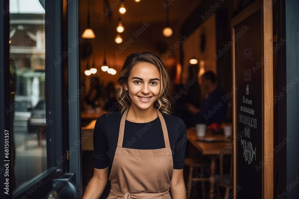 Portrait of a smiling young female barista welcoming guests on the door of a trendy cafe. Portrait of a smiling young female barista welcoming guests on the door of a trendy cafe.