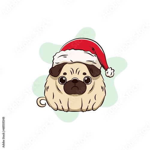 Słodki, pulchny mops w czapce Świętego Mikołaja. Ilustracja wektorowa z motywem Bożego Narodzenia.