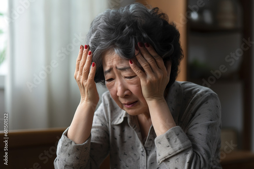 Forgetful asian senior woman with amnesia, brain disease, patient holding head with her hands, suffering from senile dementia, memory disorders, confused old elderly with Alzheimer's disease. photo