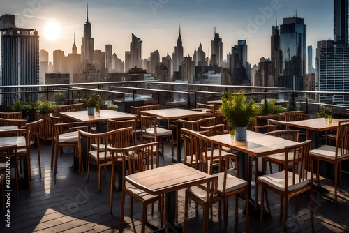 Culinary Bliss on a Restaurant Terrace with Tables and Chairs, Framed by Skylines
