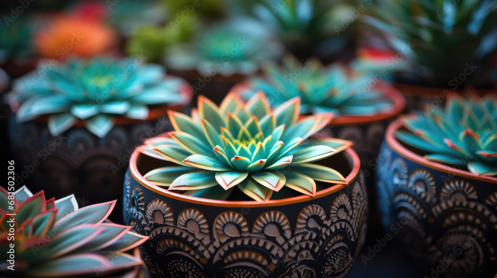 Decorative tropical Succulents in geometric ornamented flower pots in art deco style. Space for text