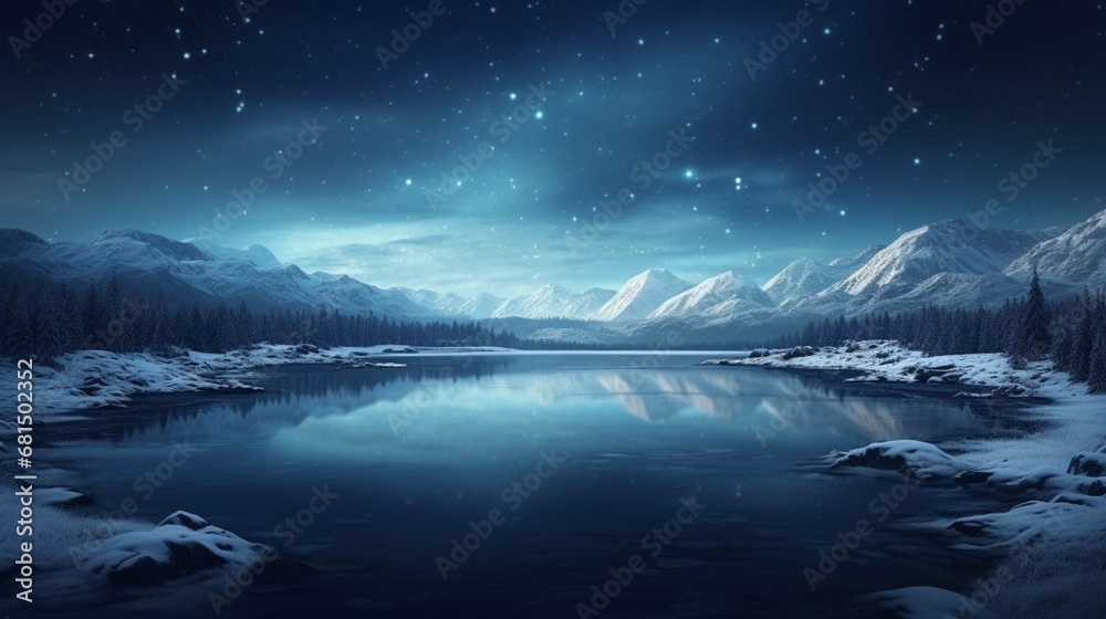 The Winter Solstice over a frozen lake, where the ice reflects the starry sky above, captured in high detailed  beauty.