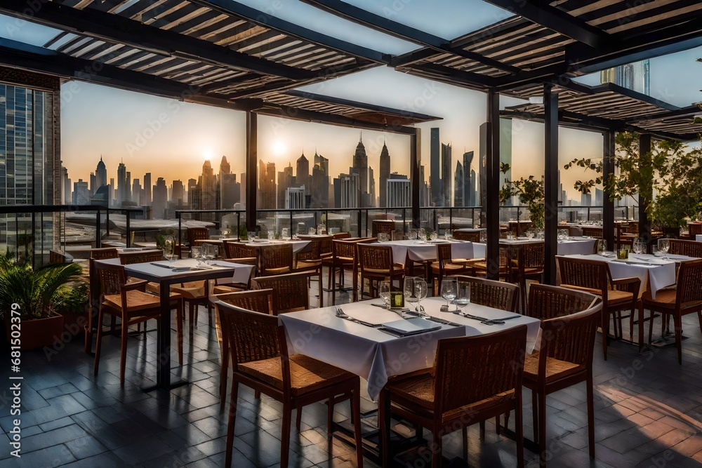 Enjoy Culinary Bliss on a Restaurant Terrace with Tables and Chairs, Framed by Skylines