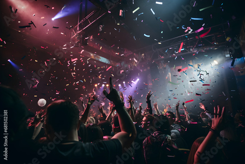 New Year's celebrations, a crowd of people dancing in the nightclub. AI Degenerative