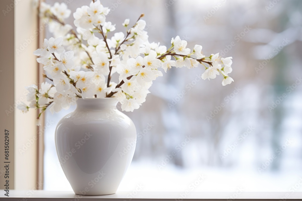 Vase with white beautiful flower on windowsill in room. Snowing city window view