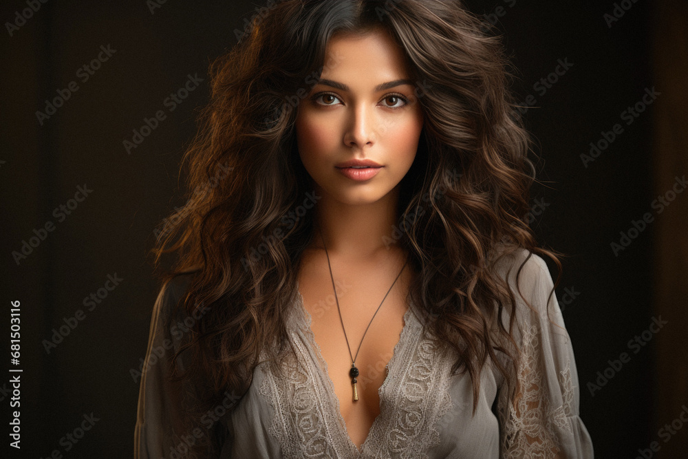 Portrait of beautiful young woman with long curly hair on dark background.