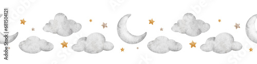 Crescent moon and stars. Cute baby seamless border. Children's background. Watercolor border Isolated. Design for kid's goods, postcards, baby shower and children's room