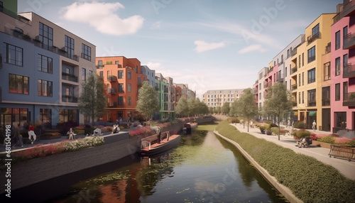 colourful new postmodern urban canal with apartment rows. AI generated © DayDay Studio