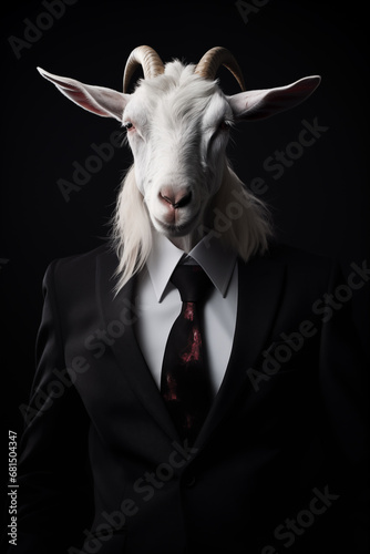 Cabra branca vestido com um terno elegante e uma bela gravata. Retrato fashion de um animal antropomórfico posando com uma atitude humana © vitor