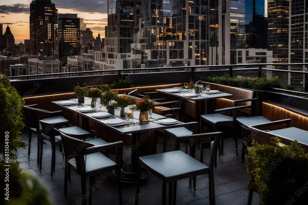 Restaurant Terrace with Tables and Chairs, Framed by Urban Skylines