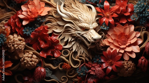 Intricately Carved Dragon Amidst Blooms Symbolizing Chinese Elegance photo