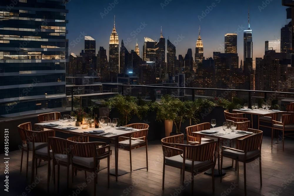Tables and Chairs on a Restaurant Terrace, Overlooking the Vibrant Cityscape