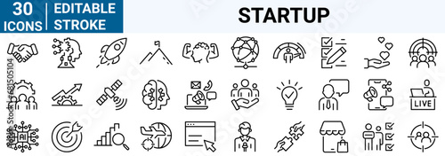 set of 30 line web icons startup. Business, Creative, idea, marketing, target, developement, collection. Editable stroke.