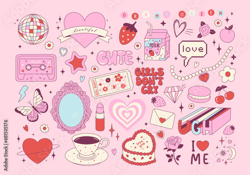Set of y2k pink girly clipart. Cute cake, milk, rose flower, strawberry, cassette, vintage mirror. Coquette trendy decor. 2000s aesthetic. Glamour vector elements for card, poster, collage design. photo