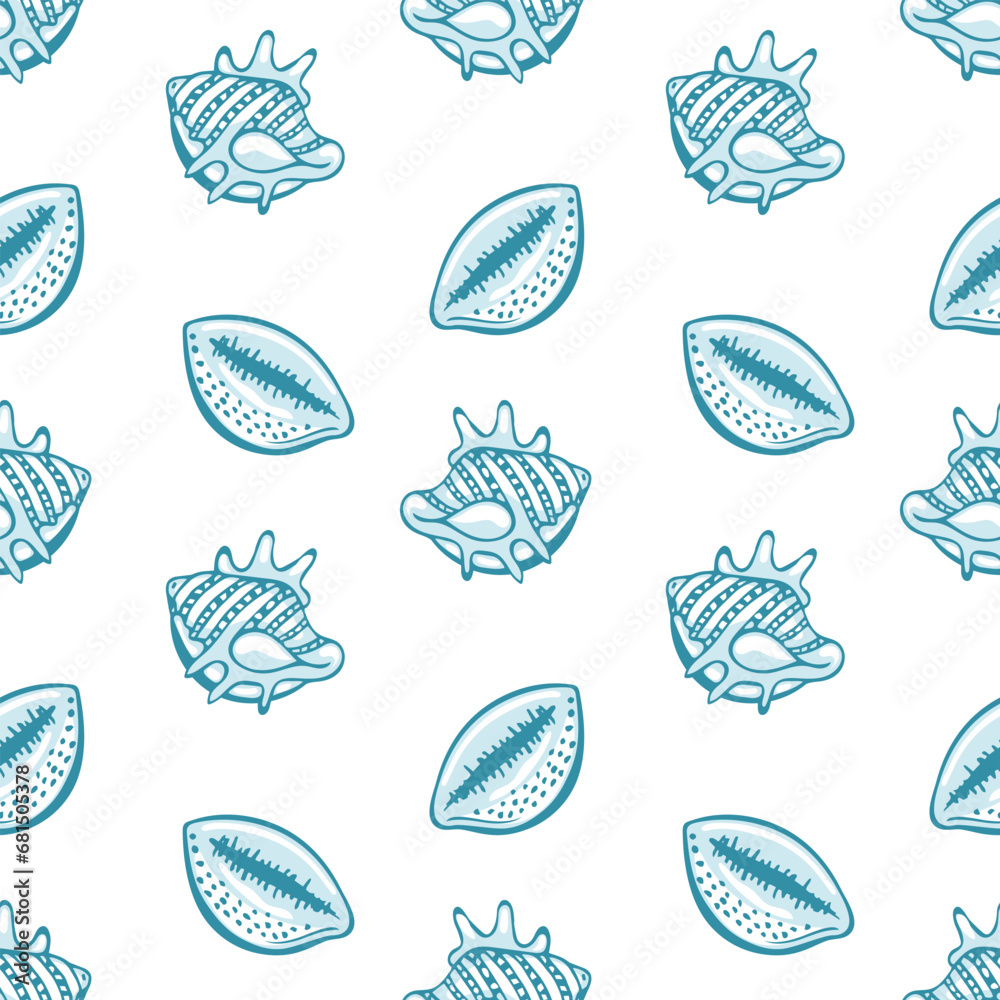 Seamless pattern with contour blue shells and seahorses on a white background. Marine background, textile, vector