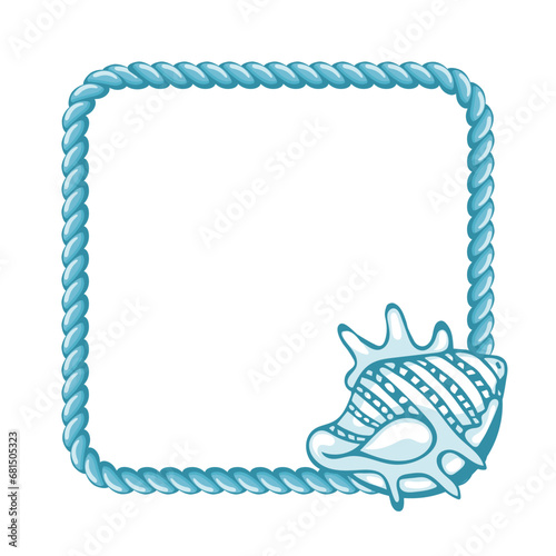 Blue sailor rope with hand drawn seashells isolated on white background. Marine background, frame