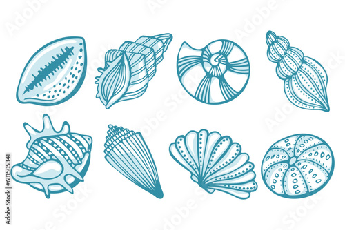 Set of sea shells in pastel colors on a white background. Decor elements, vector